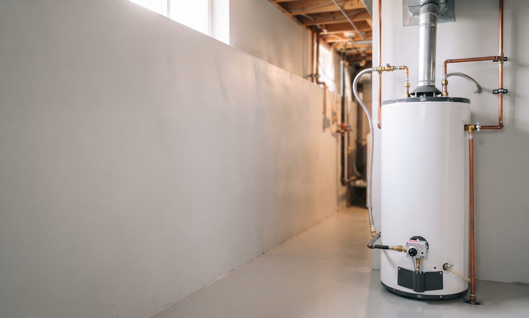 New gas hot water tank installed in a finished basement